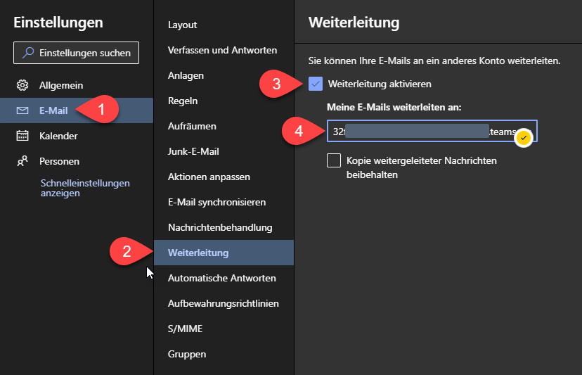 Weiterleitung auf eine E-Mailadresse in Microsoft Outlook Online einrichten 2