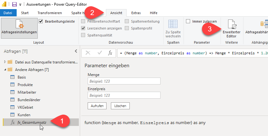 Den erweiterten Editor in Power Query starten