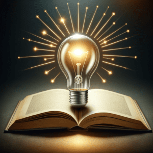Konzeptionelles Bild einer Glühbirne über einem offenen Buch, symbolisiert eine helle Idee oder Vision, ideal für die Illustration der Vision und Planungsphase eines Projekts.