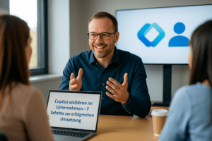 Drei Geschäftsleute in moderner Büroumgebung arbeiten gemeinsam an digitalen Lösungen – symbolisiert die Einführung von Microsoft Copilot im Unternehmen