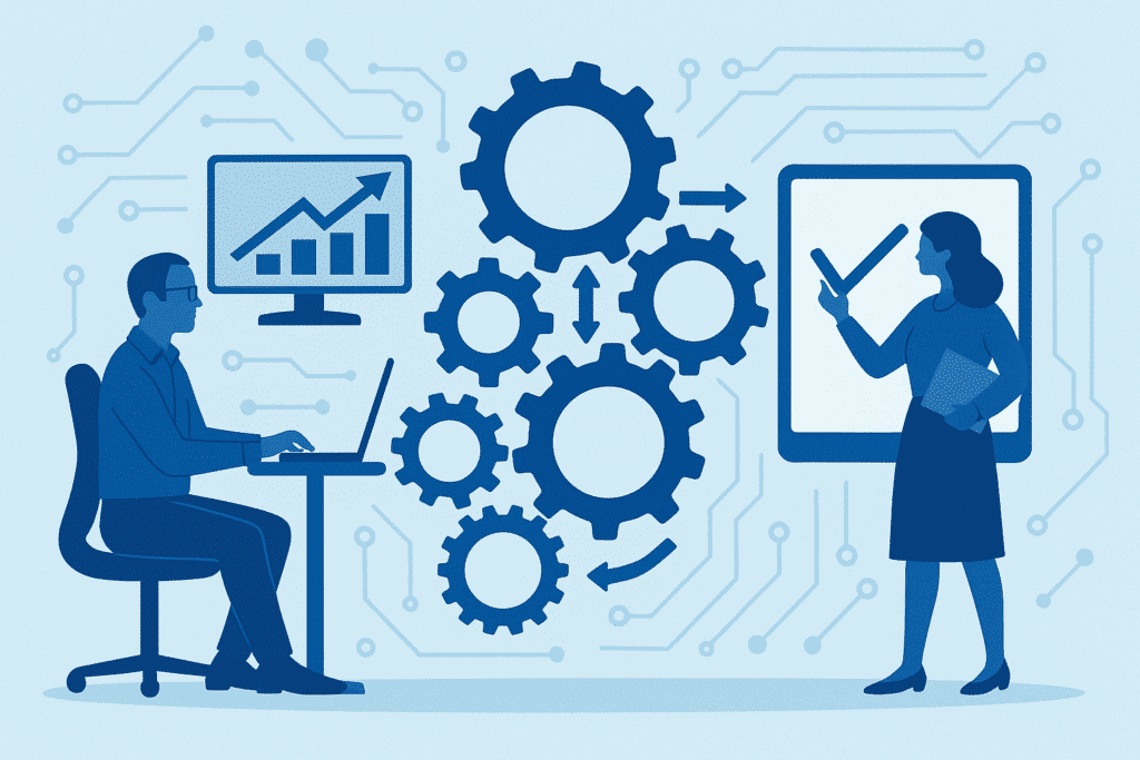 Illustration von Mitarbeitenden, die gemeinsam digitale Lösungen erarbeiten – symbolisiert Teamarbeit, Empowerment und Digitalisierung mit Microsoft 365