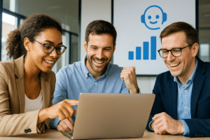 Drei Mitarbeitende unterschiedlicher Herkunft arbeiten gemeinsam an digitalen Lösungen – Symbol für moderne Zusammenarbeit, Innovation und den Einsatz von Microsoft Copilot im Unternehmen.