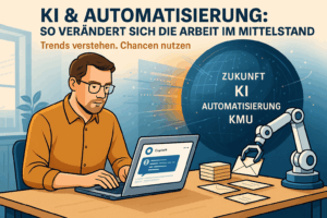 Ein Mann arbeitet an einem Laptop mit sichtbarem KI-Assistenten „Copilot“, während ein Roboterarm Briefe sortiert. Im Hintergrund leuchtet eine digitale Glaskugel mit den Begriffen „Zukunft“, „KI“, „Automatisierung“ und „KMU“ – symbolisch für die Transformation der Arbeitswelt im Mittelstand.