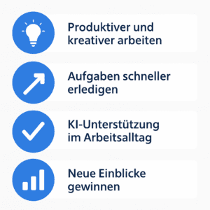 Infografik: Microsoft Copilot im Unternehmen – Anwendungsbereiche in Word, Excel, Outlook und Teams. Schulungsinhalte auf einen Blick: Automatisierung, Textgenerierung, Meeting-Zusammenfassungen und Datenanalyse.
