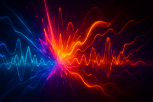 Abstrakte, farbenfrohe Licht- und Klangwellen auf dunklem Hintergrund, die Energie und Emotion ausstrahlen